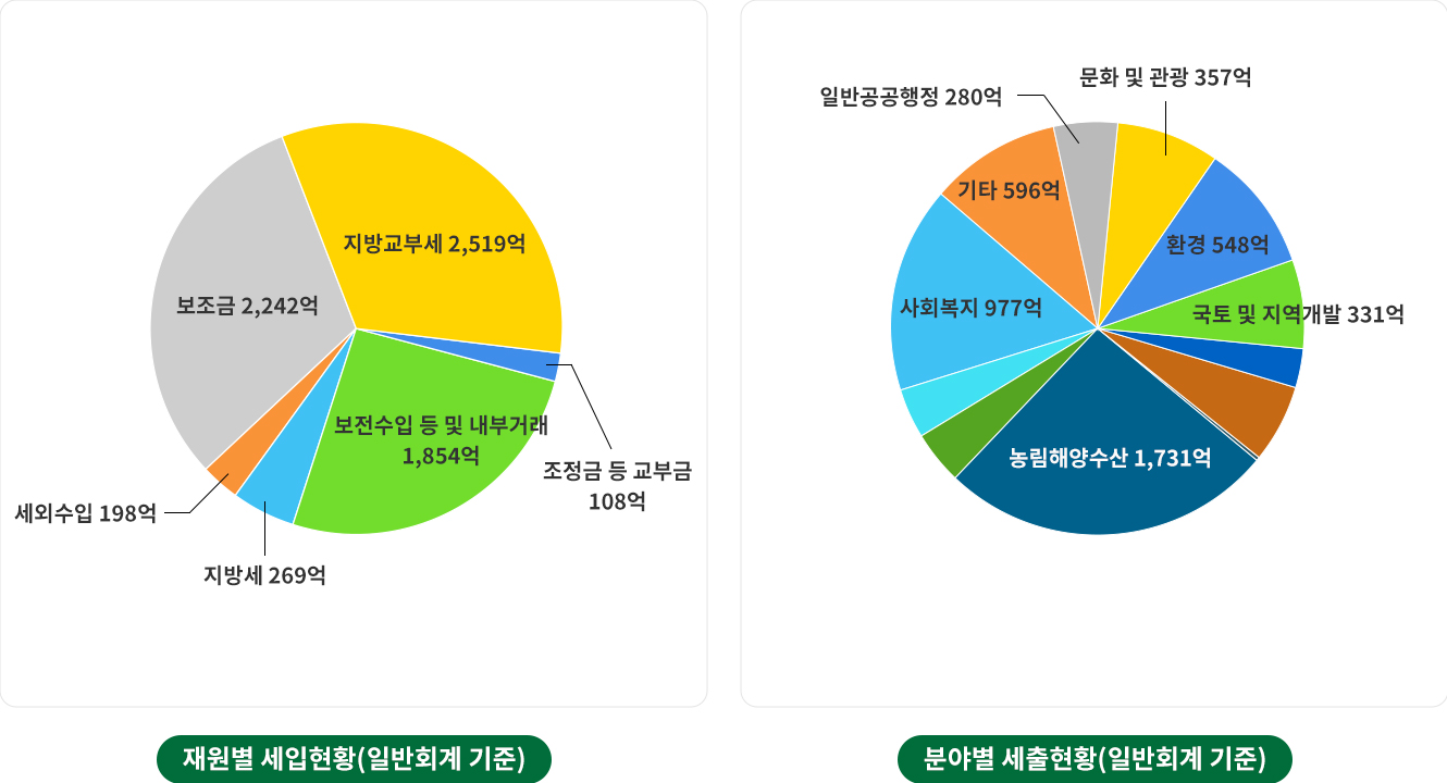 재원별 세입현황(일반회계 기준) 보조금 2,242억 지방교부세 2,519억 조정금 등 교부금 108억 보전수입 등 및 내부거래 1,854억 지방세 269억 세외수입 198억 / 분야별 세출현황(일반회계 기준) 일반공공행정 280억 문화 및 관광 357억 환경 548억 국토 및 지역개발 331억 농림해양수산 1,731억 사회복지 977억 기타 596억