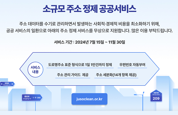 소규모 주소 정제 공공서비스
주소 데이터를 수기로 관리하면서 발생하는 사회적·경제적 비용을 최소화하기 위해, 공공 서비스의 일환으로 아래의 주소 정제 서비스를 무상으로 지원합니다. 많은 이용 부탁드립니다.
서비스 기간 : 2024년 7월 15일 ~ 11월 30일
서비스 내용
도로명주소 표준 형식으로 1일 1만건까지 정제
주소 관리 가이드 제공
우편번호 자동부여
주소 세분화(14개 항목 제공)
jusoclean.or.kr